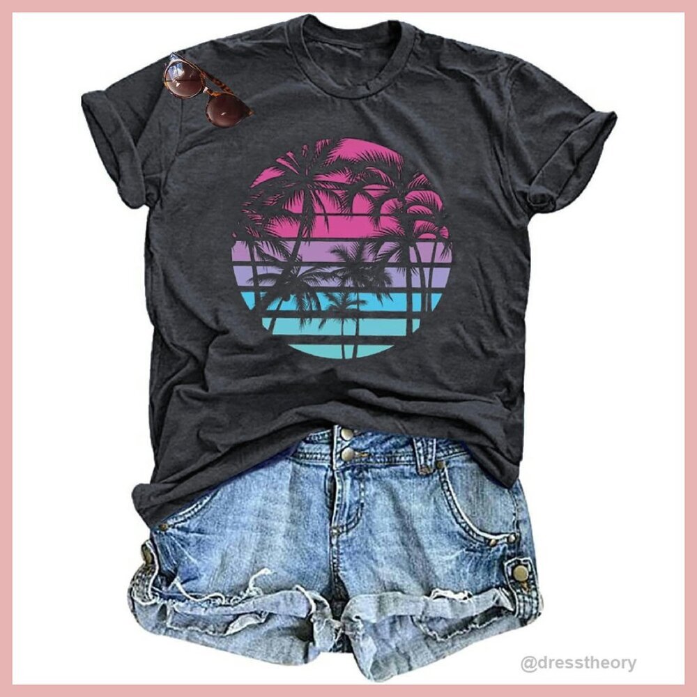 Women's Palm Tree Graphic Tee Soft Cotton Blend Summer Vacation Top